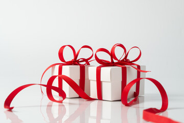 Three square white gift boxes tied with a red satin ribbon for Christmas, New Year, valentines or birthday theme. The ribbon trails around the box on a reflective white surface