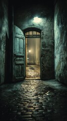 Obraz premium narrow. A pried-open safe door in a narrow, wet cobblestone alley at midnight. real-estate listings, architecture portfolios, designed for architectural facade and classical detail presentations.