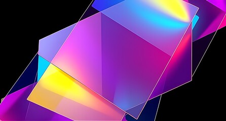 Futuristic abstract composition of tilted glass sheets illuminated by neon lights in yellow, magenta, and cyan tones, overlapping layers forming a vibrant digital background for creative visuals.