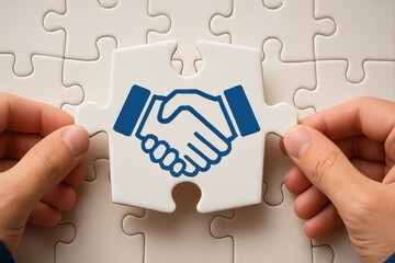 Hands holding puzzle piece with handshake icon symbolizing agreement collaboration and business deal
