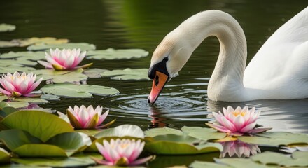 Obraz premium Elegant swan dipping its beak into a serene pond adorned with delicate water lilies