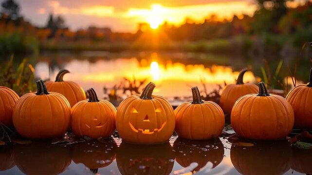 Orange pumpkins float on water at sunset with autumn background