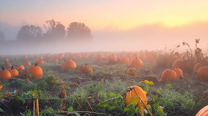 Orange pumpkins in a field at sunrise with a layer of fog - Powered by Adobe