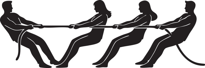 Four people in a tug of war competition silhouette isolated on white background