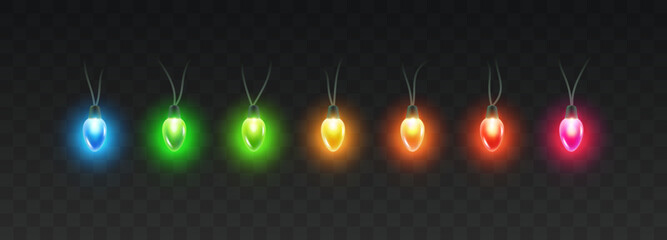 Lights bulbs set isolated on transparent background. Fairy colorful Christmas garland elements, magic amulets or glowing glass pendants. Vector party led lamps decorations