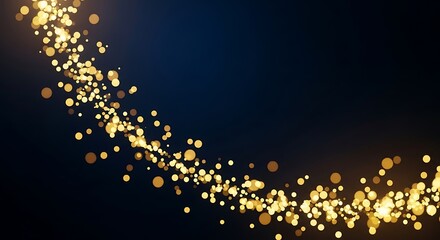 Illustration of abstract glowing golden particles swirling on a dark blue background, festive bokeh effect