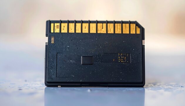 Close-up of a used memory card, showcasing its dark casing and noticeable dust particles.