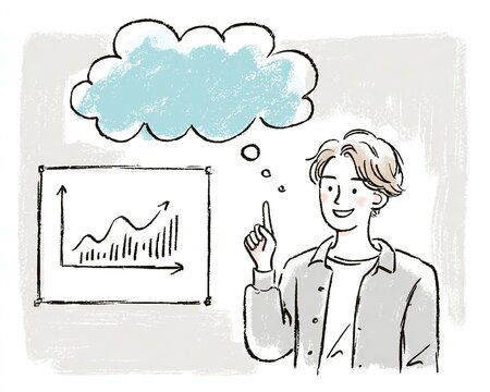 Business idea illustration, line drawn person with light bulb thought bubble and upward trending graph, innovation and brainstorming concept, minimalist style for educational content and presentation 