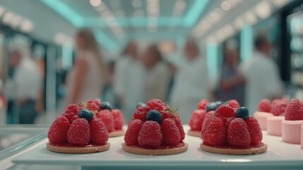 Medium shot capturing a gourmet dessert popup featuring handcrafted pastries in vivid focus while shoppers and surrounding aisles remain softly blurred.