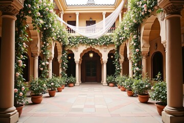 Fototapeta premium Elegant Courtyard Decoration with Roses, Drapes, and Soft Lighting