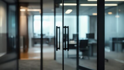 Modern Office Interior with Glass Doors and Blurred Background.