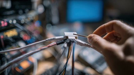 Medium shot of a hand connecting multiple electronic accessories through a central hub with the main device sharply in focus and surrounding cables blurred.