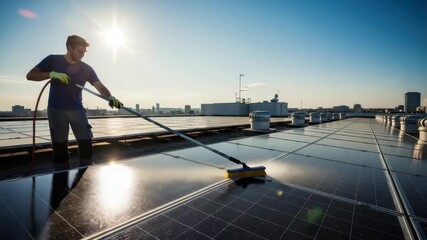 man in protective gear meticulously cleans rows of solar panels on sunny rooftop spraying water and scrubbing with long brush City buildings dot the distant horizon under bright blue sky
