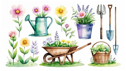 Watercolor summer garden collage illustration