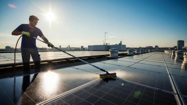 man in protective gear meticulously cleans rows of solar panels on sunny rooftop spraying water and scrubbing with long brush City buildings dot the distant horizon under bright blue sky