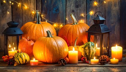 Obraz premium Cozy Autumnal Scene with Pumpkins Candles and Lanterns on Rustic Wood Background