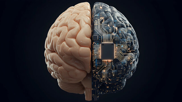 Artificial intelligence concept showing human brain versus computer brain side by side for technology and future advancements in science.