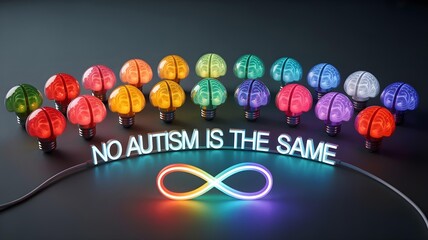 No autism is the same message with glowing text and multiple colorful brain models on dark background symbolizing neurodivergent identity and individuality