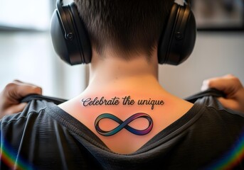 Celebrate the unique back tattoo and rainbow infinity symbol on person wearing headphones promoting autism awareness diversity and neurodivergent pride