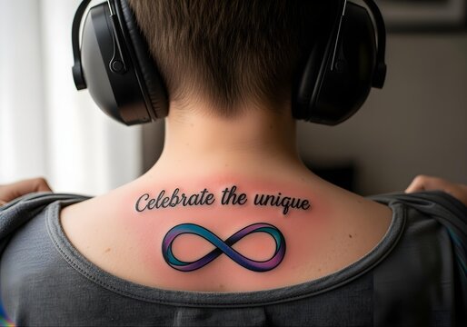Celebrate the unique back tattoo and rainbow infinity symbol on person wearing headphones promoting autism awareness diversity and neurodivergent pride