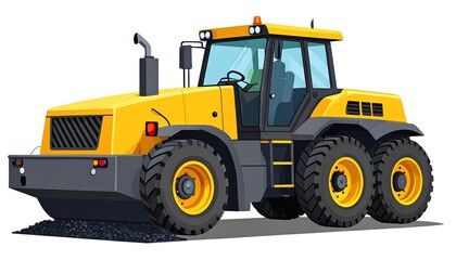 A vibrant yellow and gray construction vehicle is depicted in a detailed illustration, pressing down asphalt.
