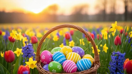 wicker basket filled with vibrantly decorated eggs sits in field of colorful spring flowers like red tulips yellow daffodils and purple hyacinths with golden sunset in the background