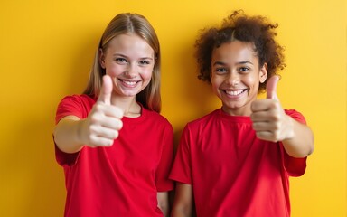 wo teenage girls in red t-shirts showing thumbs up. High quality