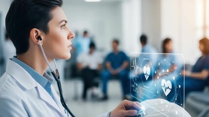 focused medical professional in lab coat listens with stethoscope observing holographic display showing vital signs and network connections Patients wait blurred in the background - Powered by Adobe
