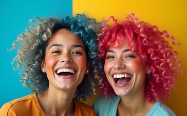Young colored hair women having fun and making faces. High quality