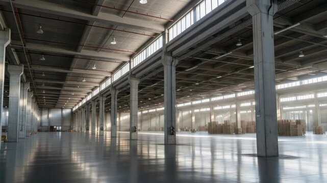 Vast empty industrial warehouse featuring concrete pillars polished floor reflecting sunlight from high windows Stacks of wooden pallets are in the background Red pipes and hanging lights adorn the ce