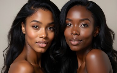 Two black women with long hair posing for a photo. High quality