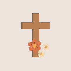 Cross with blossom. Wooden cross with flowers, remembrance, funeral, Easter decor.