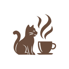 Cat and coffe icon. Cat silhouette beside a steaming cup, coffee shop, cozy, barista theme.