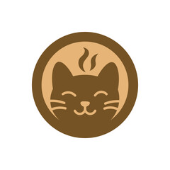 Coffe cat emblem. Circular cat logo with steam motif, cafe, cozy, pet-friendly brand.