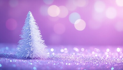 Close-up of a white Christmas tree with lights on a purple background with colorful bokeh, blue and pink colors, blurred festive light effect, banner design.