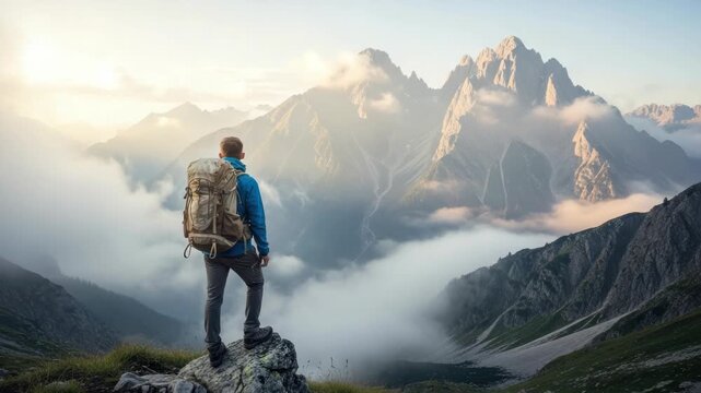 lone hiker with large backpack stands on prominent rock observing breathtaking mountain panorama Jagged peaks pierce through misty clouds illuminating vast valley with golden light