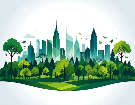 Lush greenery and towering city structures harmoniously coexist in a tranquil urban landscape.