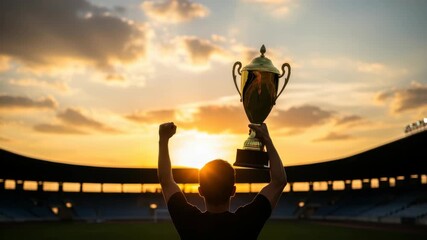 person silhouetted against vibrant sunset sky in stadium triumphantly raises golden trophy and clenches their other fist celebrating success and achievement - Powered by Adobe