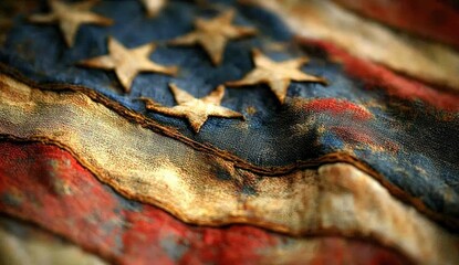 Close-up of the American flag, highlighting its intricate design and vibrant colors. The focus is on one corner with a blurred background that suggests an open space for text or imagery.