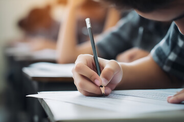 Student taking an exam or filling out a form in a classroom. Focus on hand holding pencil, writing on paper during test or study.
