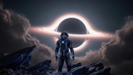 astronaut in glowing suit stands on rugged alien world with fiery cracks and blue energy They face colossal black hole with luminous accretion disk against cloudy starlit sky