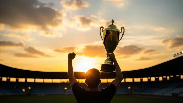 person silhouetted against vibrant sunset sky in stadium triumphantly raises golden trophy and clenches their other fist celebrating success and achievement