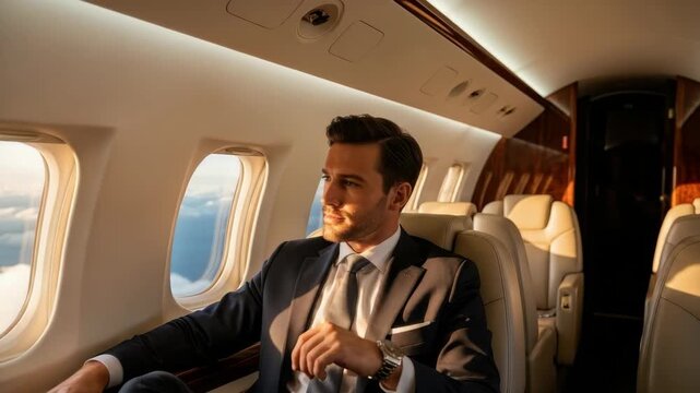 dapper man in dark suit with light tie and watch sips an amber drink gazing out window at clouds from inside luxurious private jets cream-leather and wood-paneled cabin