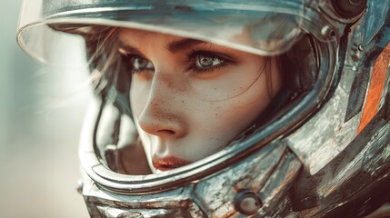 Close-up of a young female astronaut looking away