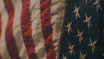 Close-up of the American flag waving in strong wind, white background, copy space concept. Close-up view of an American flag waving in the wind. The US national symbol, with a blurred effect