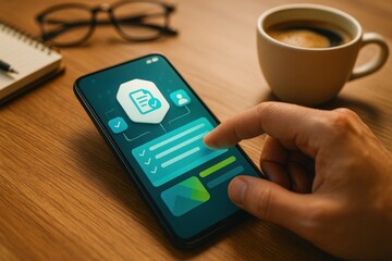 Hand using smartphone with holographic checklist interface for task management and productivity
