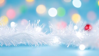 Close-up of white tinsel with colorful lights on a pastel blue background.
