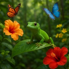 Cute Funny Cartoon Chameleon Gecko Lizard Chamaeleo Calyptratus Animal Closeup in Nature with Butterflies and Flowers Hunting Against a Green Backdrop on Summer Vacation. Time to Hunt