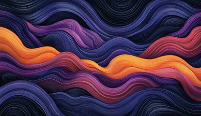 Colorful abstract background with wavy shapes, vector illustration in a flat design style. The artwork features a colorful gradient with a purple and orange color theme, and dark blue shadows.