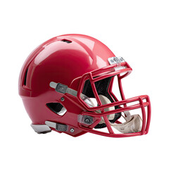 Fototapeta premium Glossy crimson football helmet with a metallic red facemask, angled left, isolated on a black background